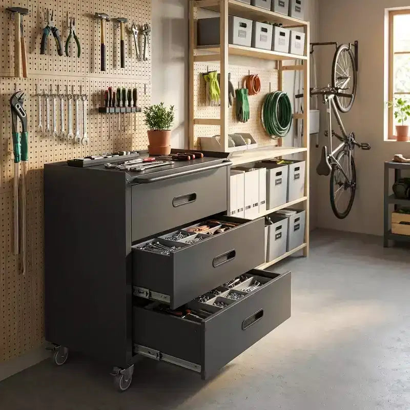 35H 3-Drawer Heavy-Duty Steel Storage Cabinet with Lockable Wheels, 200LBS Capacity for Garage/Office/Home Organizer (Black)