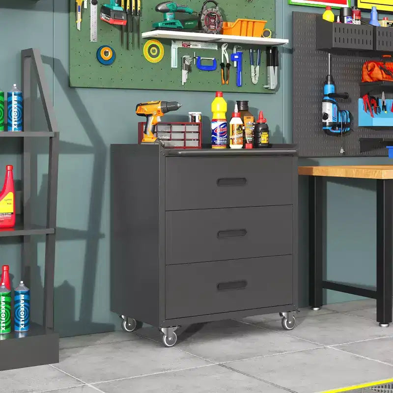 35H 3-Drawer Heavy-Duty Steel Storage Cabinet with Lockable Wheels, 200LBS Capacity for Garage/Office/Home Organizer (Black)
