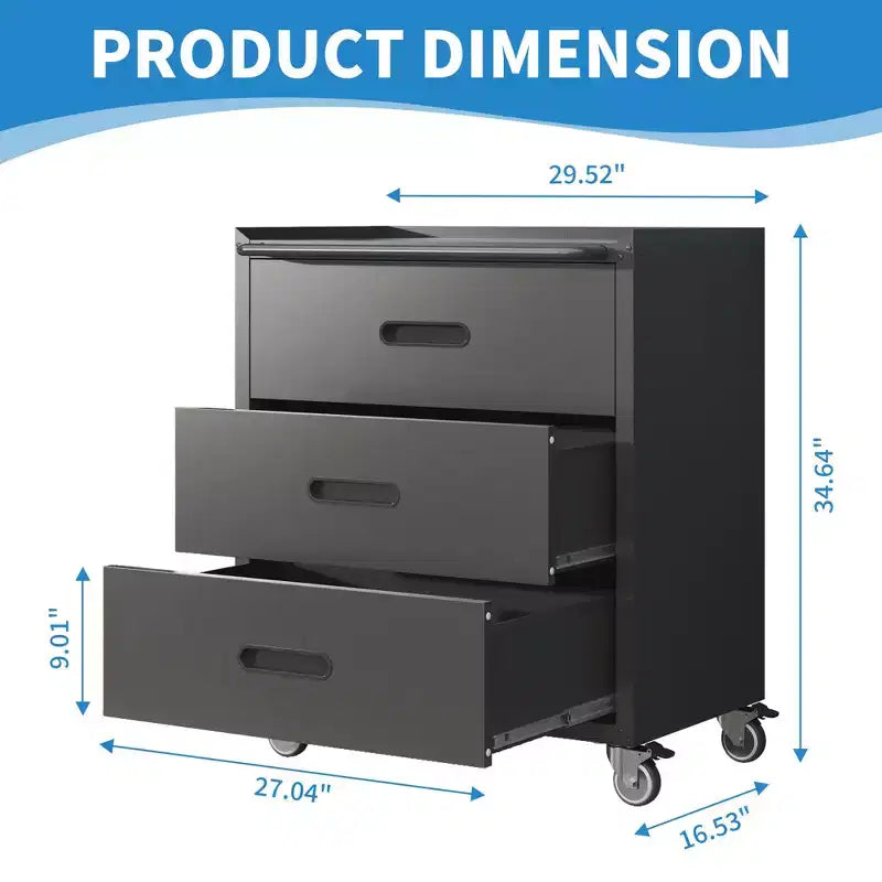 35H 3-Drawer Heavy-Duty Steel Storage Cabinet with Lockable Wheels, 200LBS Capacity for Garage/Office/Home Organizer (Black)
