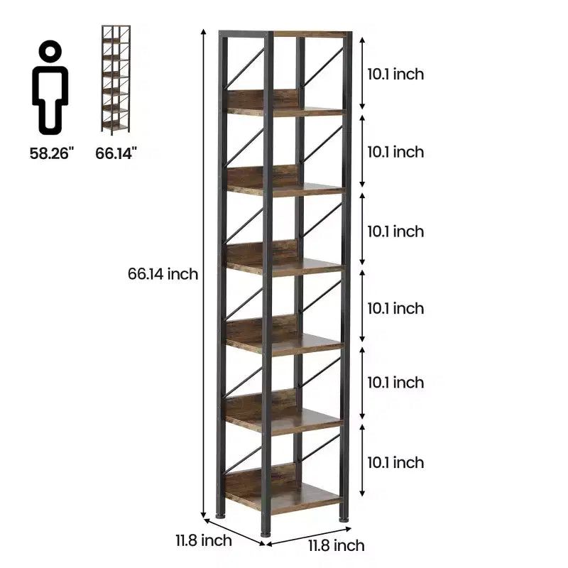 Narrow 6 Tier Bookshelf, Tall Skinny Bookcase Rustic Metal Frame Display Stand for Corner Bedroom Office