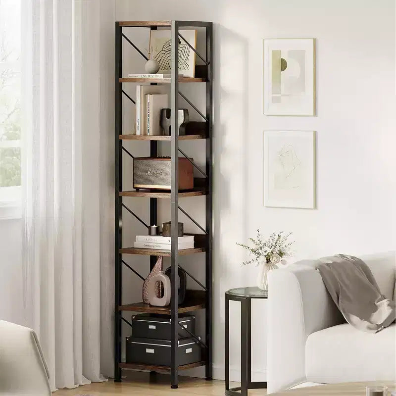Narrow 6 Tier Bookshelf, Tall Skinny Bookcase Rustic Metal Frame Display Stand for Corner Bedroom Office