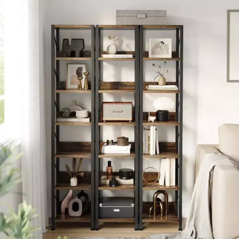 Narrow 6 Tier Bookshelf, Tall Skinny Bookcase Rustic Metal Frame Display Stand for Corner Bedroom Office