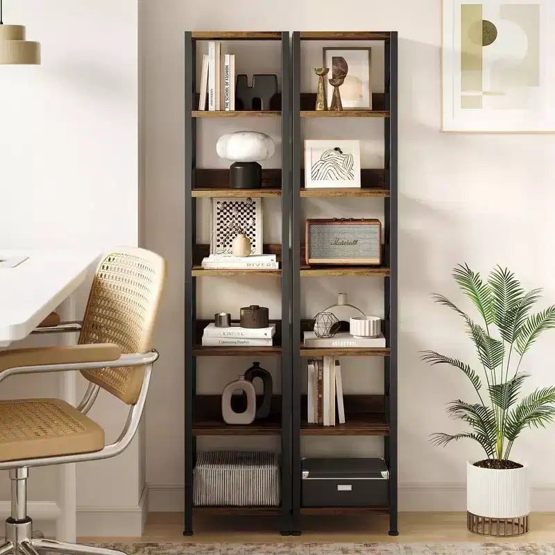 Narrow 6 Tier Bookshelf, Tall Skinny Bookcase Rustic Metal Frame Display Stand for Corner Bedroom Office