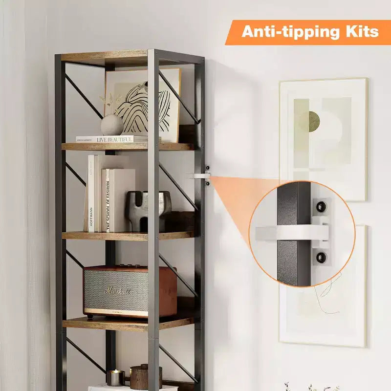 Narrow 6 Tier Bookshelf, Tall Skinny Bookcase Rustic Metal Frame Display Stand for Corner Bedroom Office