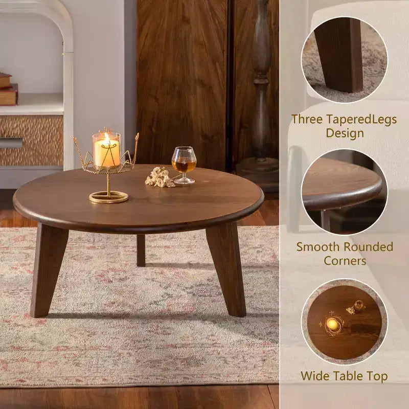 Maxax 31.4 Round Wooden Coffee Table, 3-Tapered Leg Mid-Century Coffee Table for Boho/Farmhouse/Modern Spaces