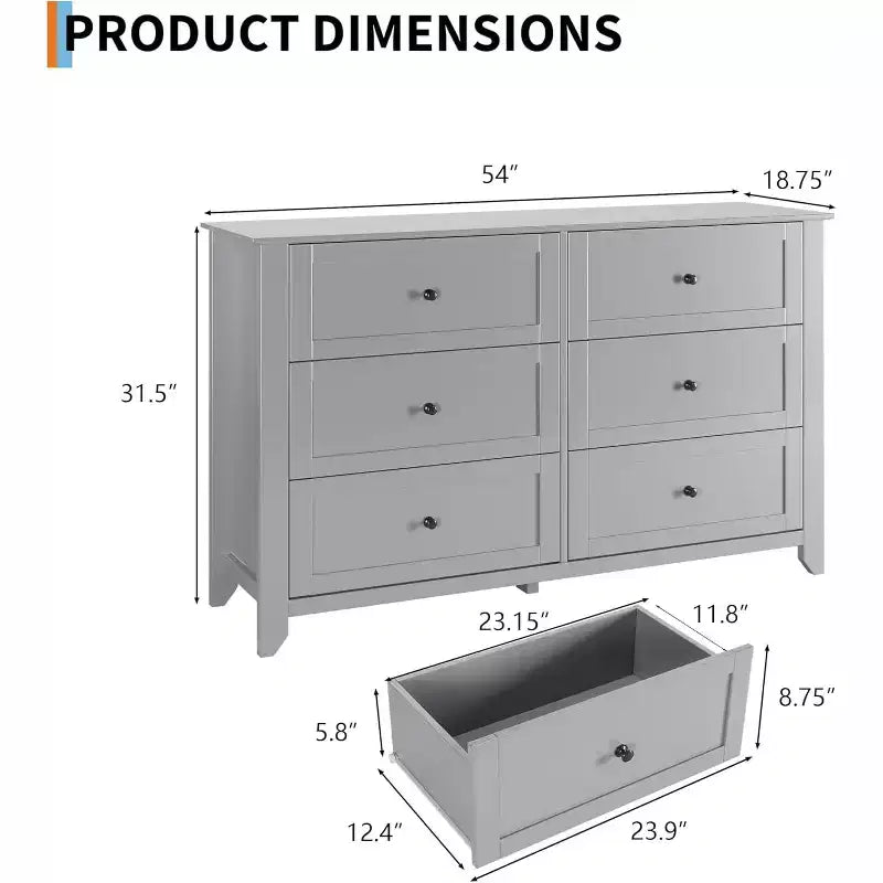 6 Drawer Dresser, 54 Wide Modern Storage Chest for Bedroom, Deep Drawers Organizer for Clothes, Living Room, Hallway
