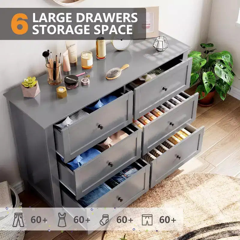 6 Drawer Dresser, 54 Wide Modern Storage Chest for Bedroom, Deep Drawers Organizer for Clothes, Living Room, Hallway