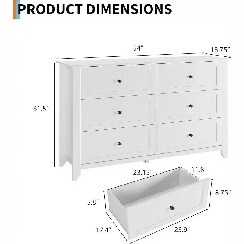 6 Drawer Dresser, 54 Wide Modern Storage Chest for Bedroom, Deep Drawers Organizer for Clothes, Living Room, Hallway
