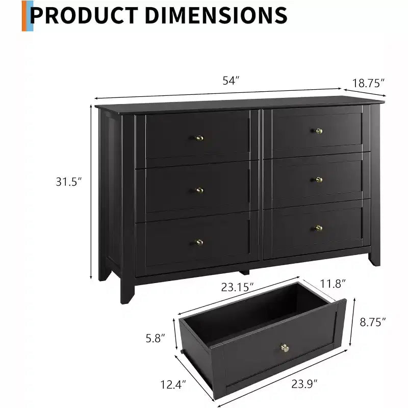 6 Drawer Dresser, 54 Wide Modern Storage Chest for Bedroom, Deep Drawers Organizer for Clothes, Living Room, Hallway