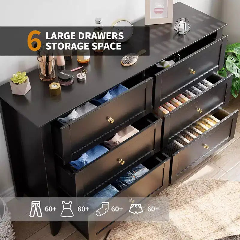 6 Drawer Dresser, 54 Wide Modern Storage Chest for Bedroom, Deep Drawers Organizer for Clothes, Living Room, Hallway