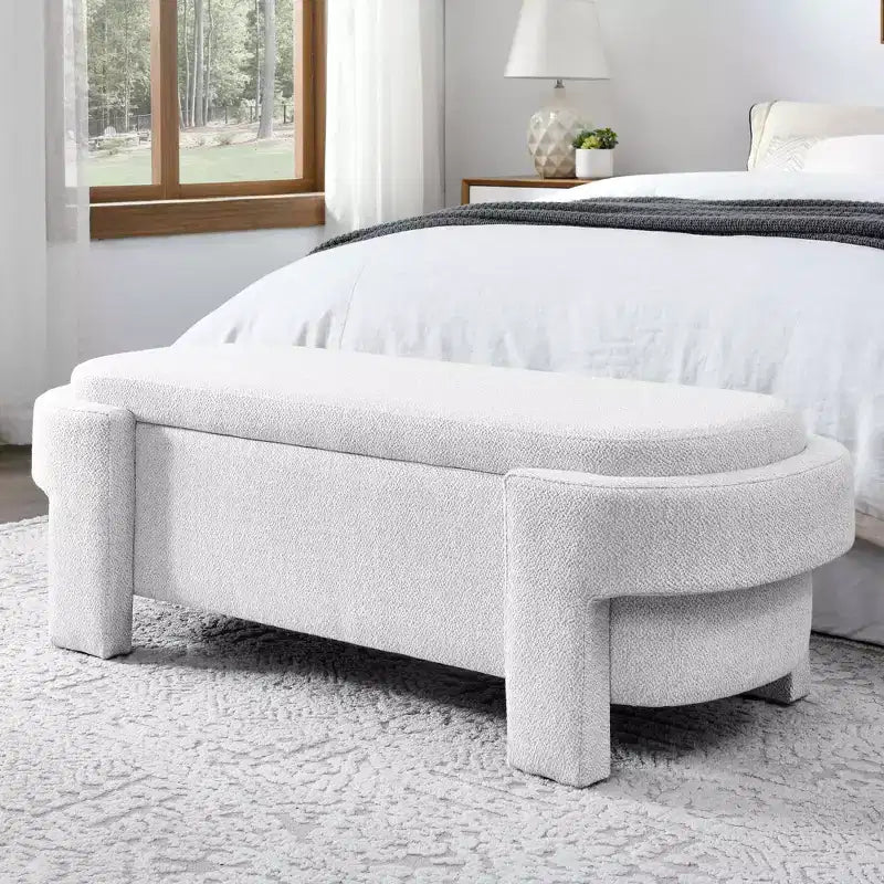 Linen Fabric Upholstered Bench with Large Storage Space for Living Room Bedroom Entryway White