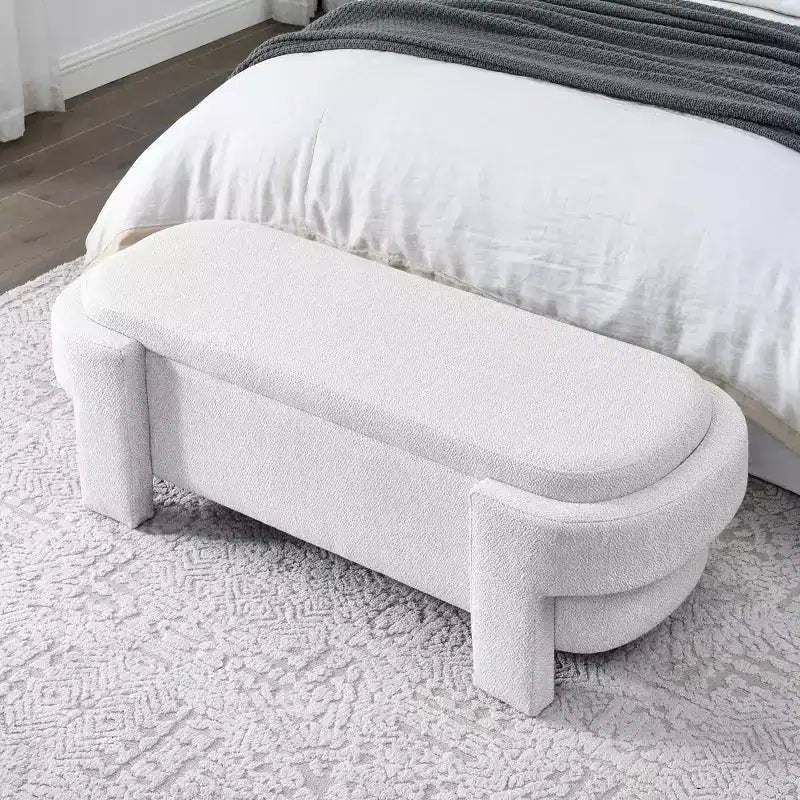 Linen Fabric Upholstered Bench with Large Storage Space for Living Room Bedroom Entryway White