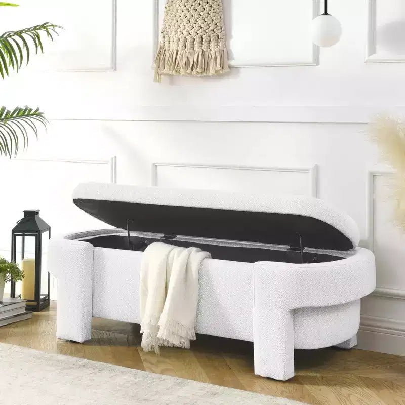 Linen Fabric Upholstered Bench with Large Storage Space for Living Room Bedroom Entryway White