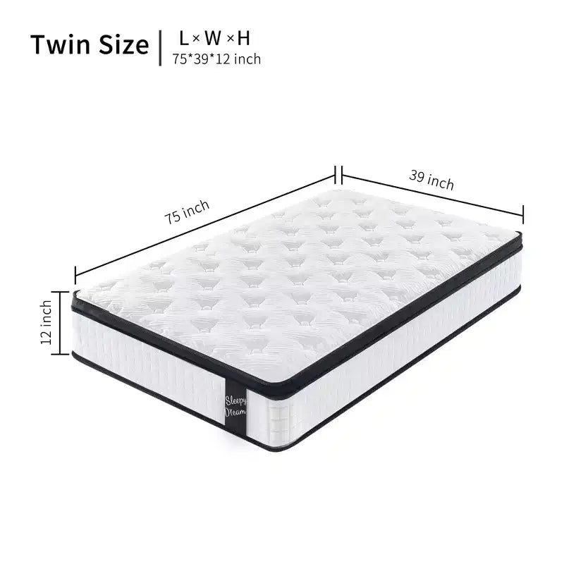 Twin 12 Inch Hybrid Mattress, Individual Pocket Spring, 7-Zone Memory Foam, Knitted Cover, CertiPUR-US Certified, White