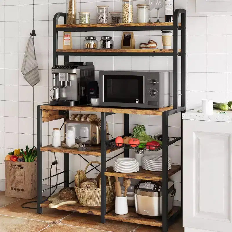 Multi-Tier Storage Organizer Rack 6-Tier Shelves with Power Outlets Microwave Stand Storage Cabinet Open Shelves for Kitchen Dining Living Room
