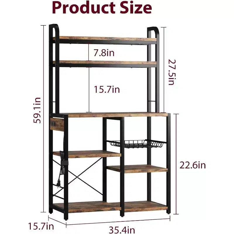 Multi-Tier Storage Organizer Rack 6-Tier Shelves with Power Outlets Microwave Stand Storage Cabinet Open Shelves for Kitchen Dining Living Room