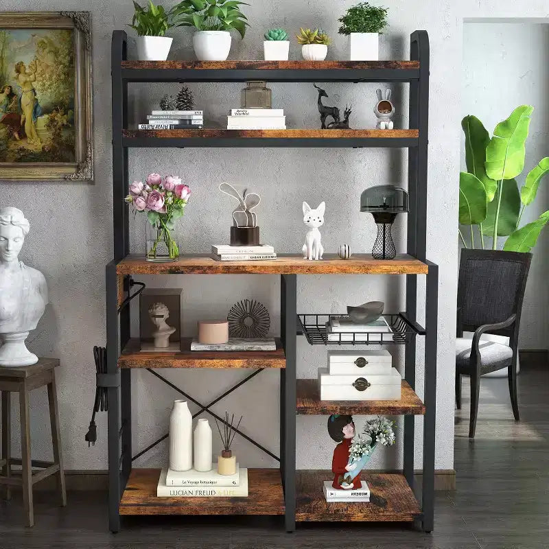 Multi-Tier Storage Organizer Rack 6-Tier Shelves with Power Outlets Microwave Stand Storage Cabinet Open Shelves for Kitchen Dining Living Room