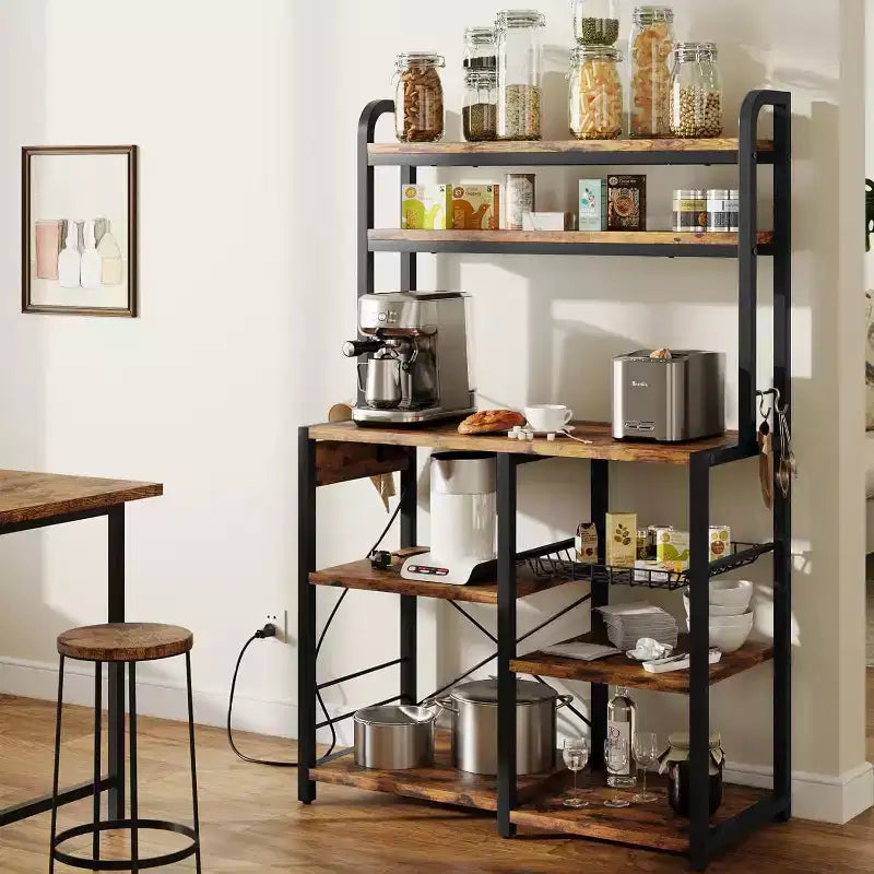 Multi-Tier Storage Organizer Rack 6-Tier Shelves with Power Outlets Microwave Stand Storage Cabinet Open Shelves for Kitchen Dining Living Room