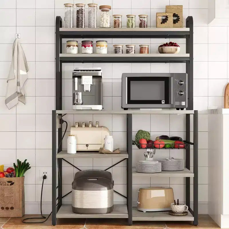 Multi-Tier Storage Organizer Rack 6-Tier Shelves with Power Outlets Microwave Stand Storage Cabinet Open Shelves for Kitchen Dining Living Room