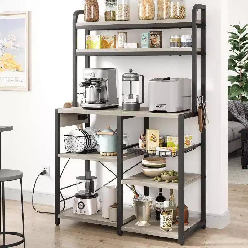 Multi-Tier Storage Organizer Rack 6-Tier Shelves with Power Outlets Microwave Stand Storage Cabinet Open Shelves for Kitchen Dining Living Room