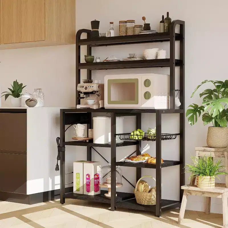 Multi-Tier Storage Organizer Rack 6-Tier Shelves with Power Outlets Microwave Stand Storage Cabinet Open Shelves for Kitchen Dining Living Room