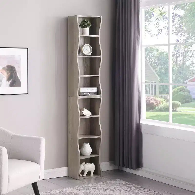 8 Layer Adjustable Shelf, Display, Ultre-thin Bookshelf with a Wavy Border Design for Living Room Gray