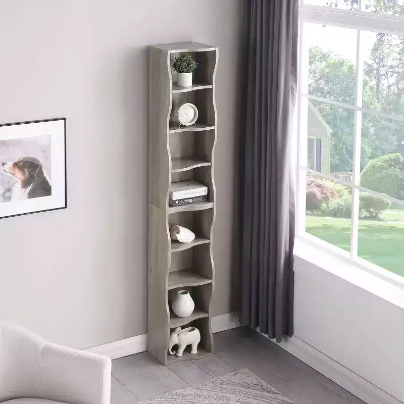8 Layer Adjustable Shelf, Display, Ultre-thin Bookshelf with a Wavy Border Design for Living Room Gray
