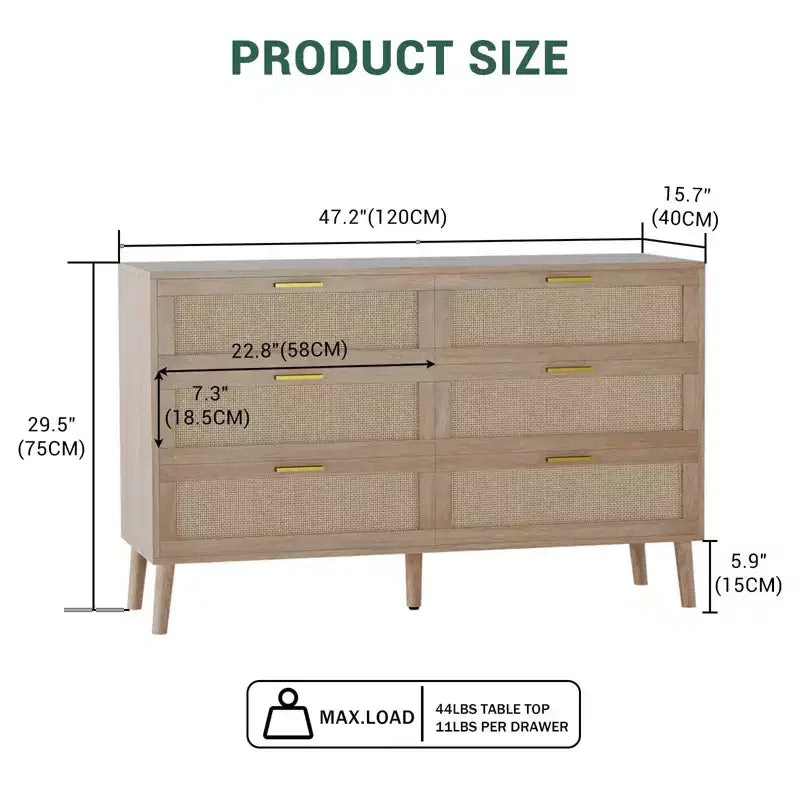 6-Drawer Storage Chest w/ Golden Handles Natural Rattan Design for Bedroom, Living Room & Entryway