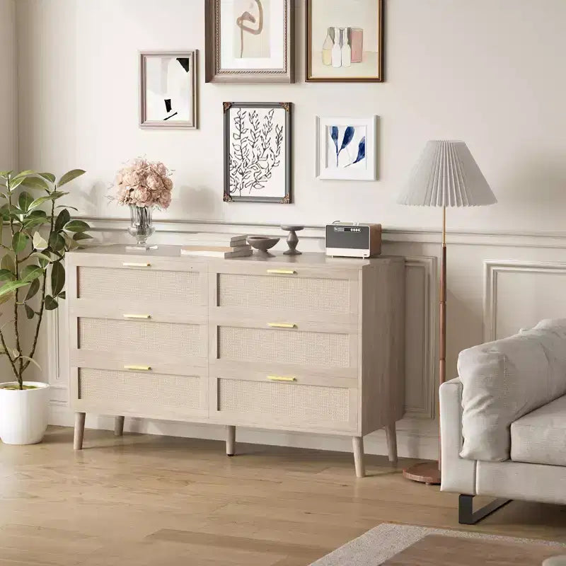 6-Drawer Storage Chest w/ Golden Handles Natural Rattan Design for Bedroom, Living Room & Entryway