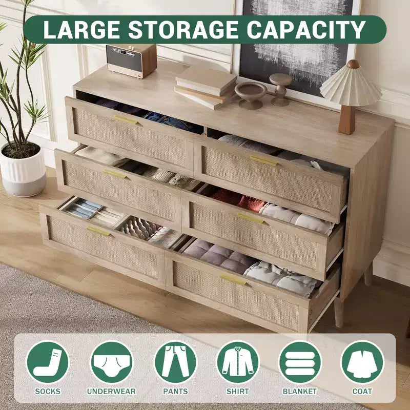 6-Drawer Storage Chest w/ Golden Handles Natural Rattan Design for Bedroom, Living Room & Entryway