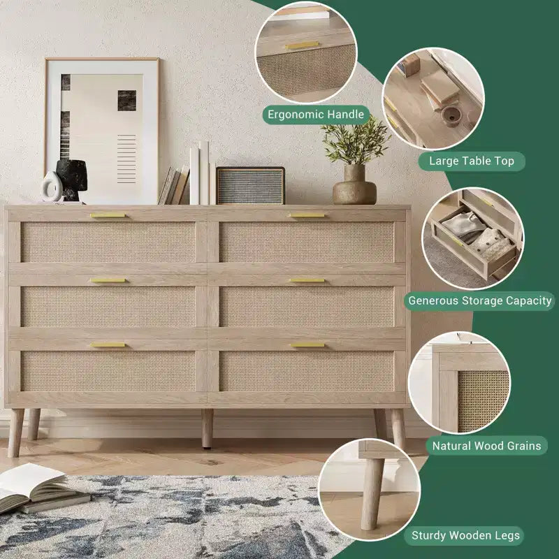 6-Drawer Storage Chest w/ Golden Handles Natural Rattan Design for Bedroom, Living Room & Entryway