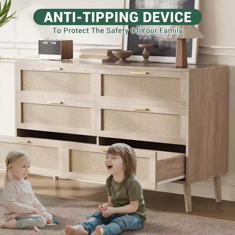 6-Drawer Storage Chest w/ Golden Handles Natural Rattan Design for Bedroom, Living Room & Entryway