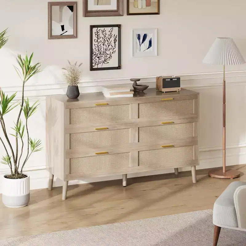 6-Drawer Storage Chest w/ Golden Handles Natural Rattan Design for Bedroom, Living Room & Entryway