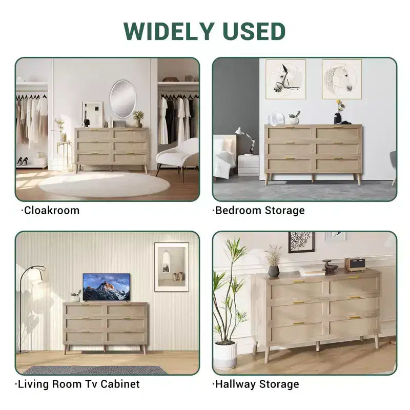 6-Drawer Storage Chest w/ Golden Handles Natural Rattan Design for Bedroom, Living Room & Entryway