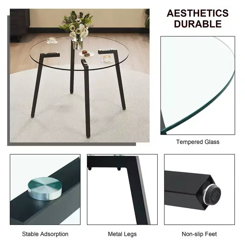 Coffee Table, Modern Minimalist Style Circular Transparent Tempered Glass Table, Tempered Glass Tabletop, Metal Table Legs Black