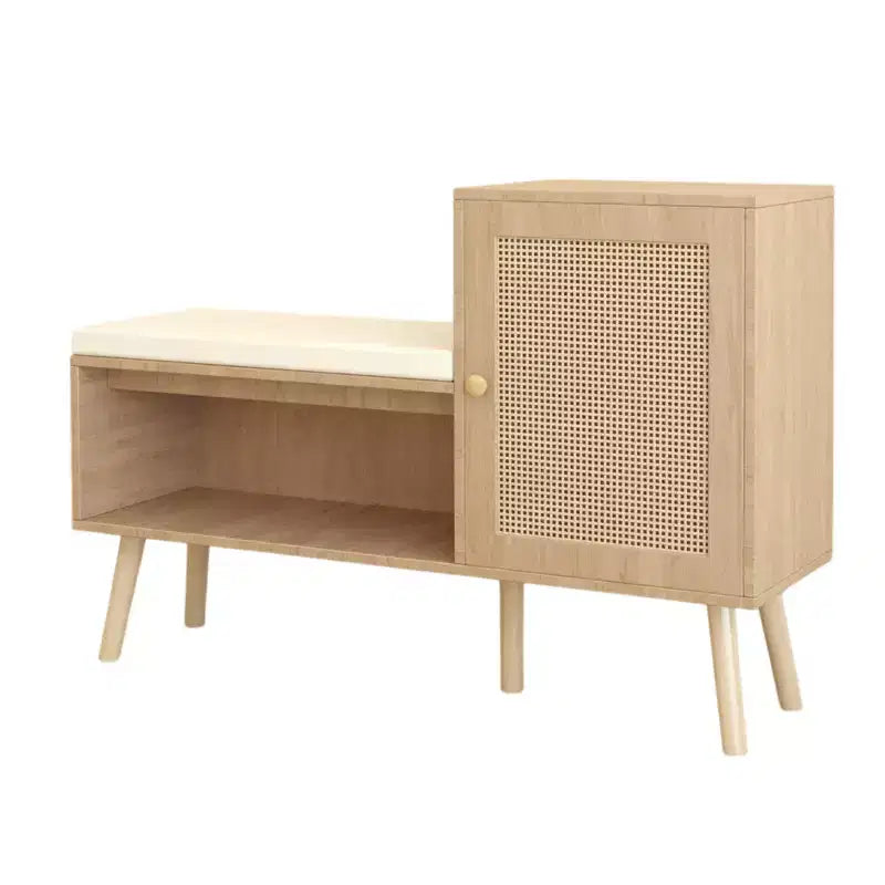 2-in-1 Shoe Cabinet Storage Bench, PP Rattan Shoe Cabinet with 2 Adjustable Shelves and Removable Cushion, Shoe Organization Storage Cabinet
