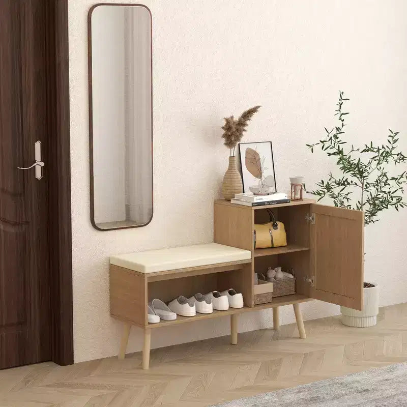 2-in-1 Shoe Cabinet Storage Bench, PP Rattan Shoe Cabinet with 2 Adjustable Shelves and Removable Cushion, Shoe Organization Storage Cabinet