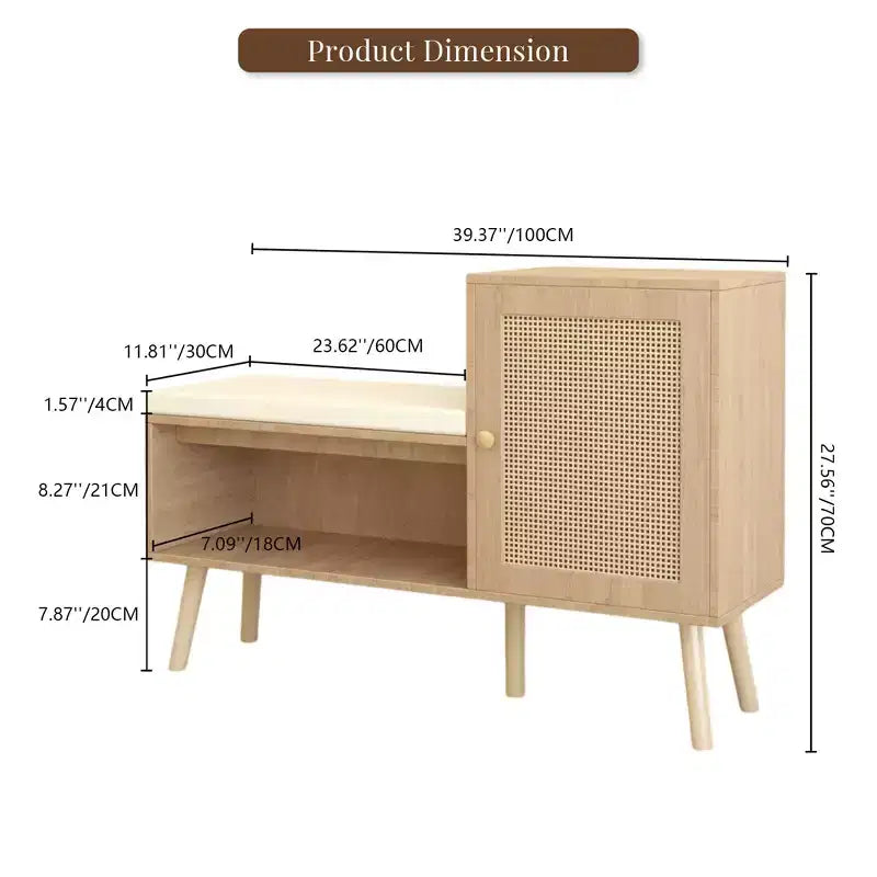 2-in-1 Shoe Cabinet Storage Bench, PP Rattan Shoe Cabinet with 2 Adjustable Shelves and Removable Cushion, Shoe Organization Storage Cabinet
