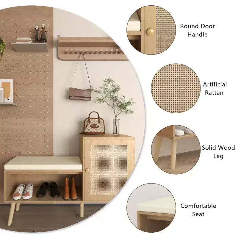 2-in-1 Shoe Cabinet Storage Bench, PP Rattan Shoe Cabinet with 2 Adjustable Shelves and Removable Cushion, Shoe Organization Storage Cabinet