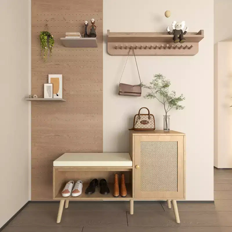 2-in-1 Shoe Cabinet Storage Bench, PP Rattan Shoe Cabinet with 2 Adjustable Shelves and Removable Cushion, Shoe Organization Storage Cabinet