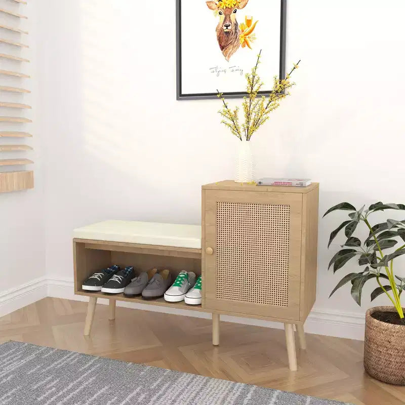 2-in-1 Shoe Cabinet Storage Bench, PP Rattan Shoe Cabinet with 2 Adjustable Shelves and Removable Cushion, Shoe Organization Storage Cabinet