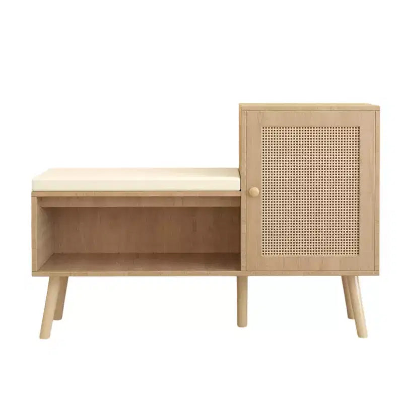 2-in-1 Shoe Cabinet Storage Bench, PP Rattan Shoe Cabinet with 2 Adjustable Shelves and Removable Cushion, Shoe Organization Storage Cabinet