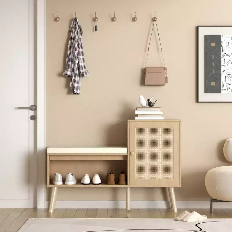 2-in-1 Shoe Cabinet Storage Bench, PP Rattan Shoe Cabinet with 2 Adjustable Shelves and Removable Cushion, Shoe Organization Storage Cabinet