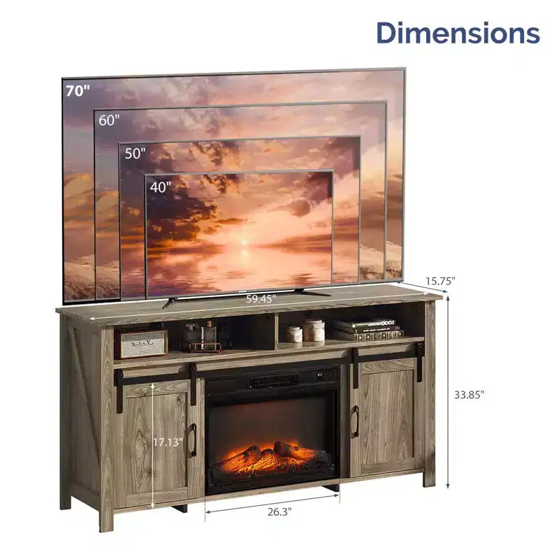 Farmhouse 59'' TV Stand For Tvs Up To 70'' With Electric Fireplace and 2-Door