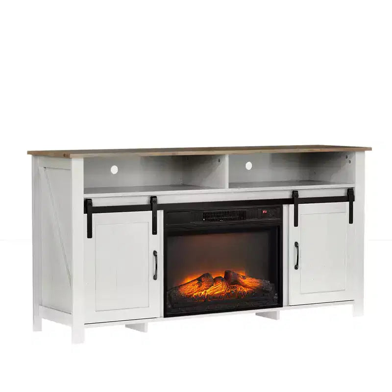 Farmhouse 59'' TV Stand For Tvs Up To 70'' With Electric Fireplace and 2-Door