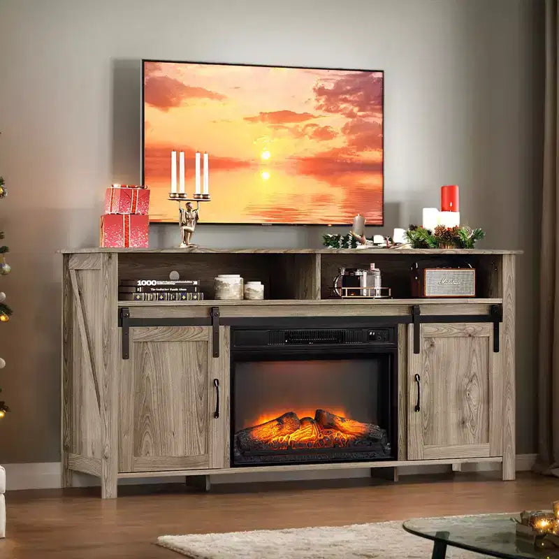 Farmhouse 59'' TV Stand For Tvs Up To 70'' With Electric Fireplace and 2-Door