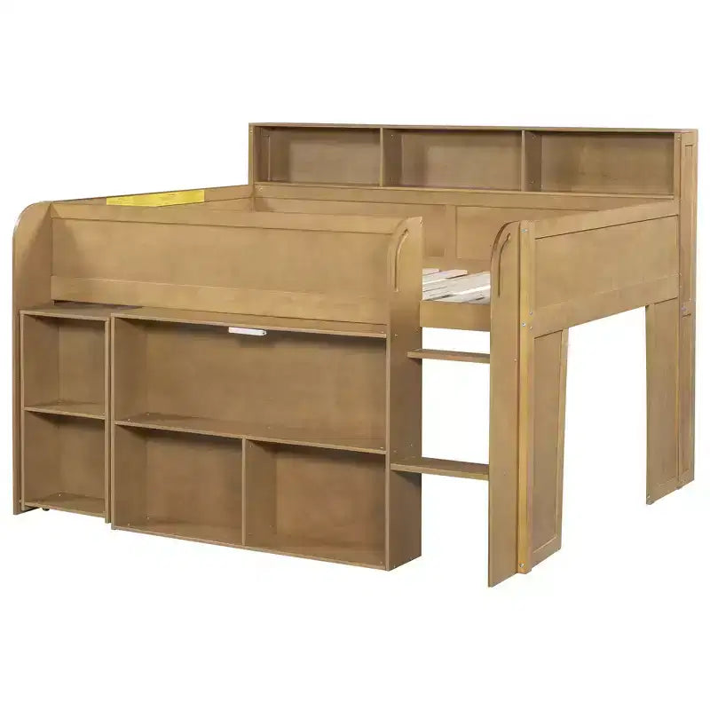 Full Size Wood Elegant Loft bed with Multiple Storage Shelves, Desk