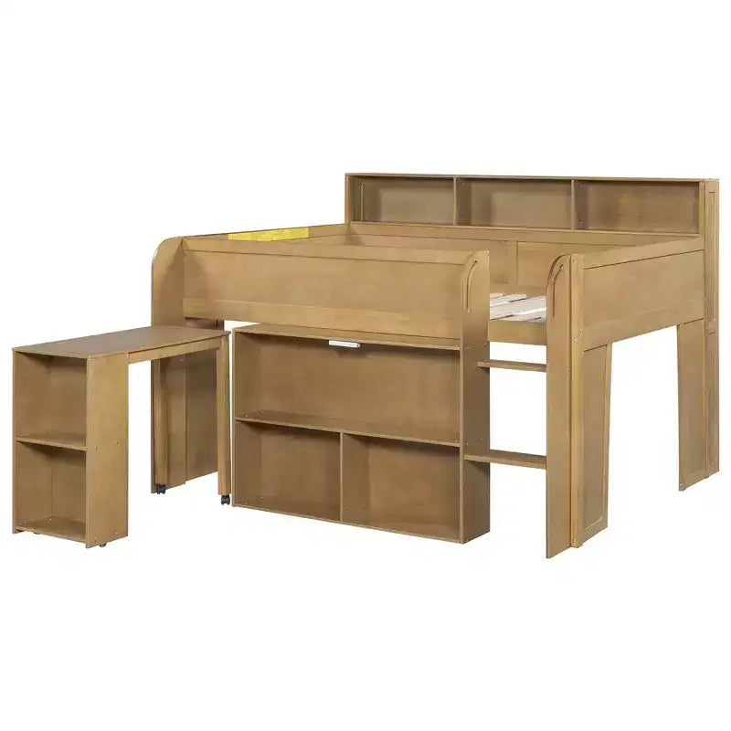 Full Size Wood Elegant Loft bed with Multiple Storage Shelves, Desk