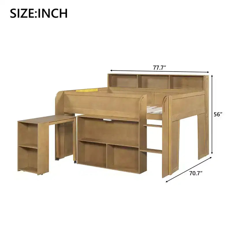Full Size Wood Elegant Loft bed with Multiple Storage Shelves, Desk