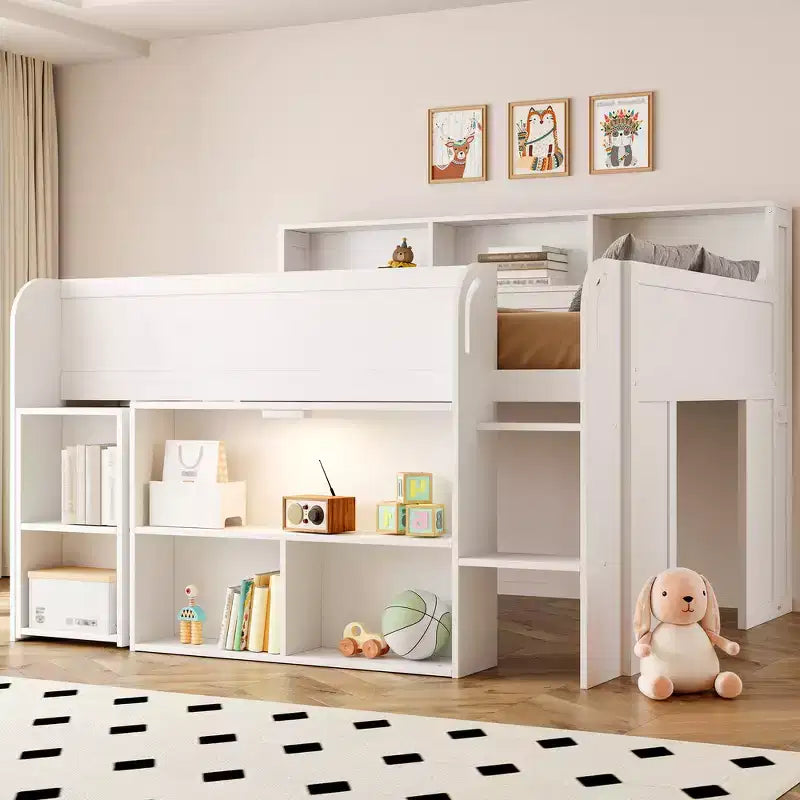 Full Size Wood Elegant Loft bed with Multiple Storage Shelves, Desk